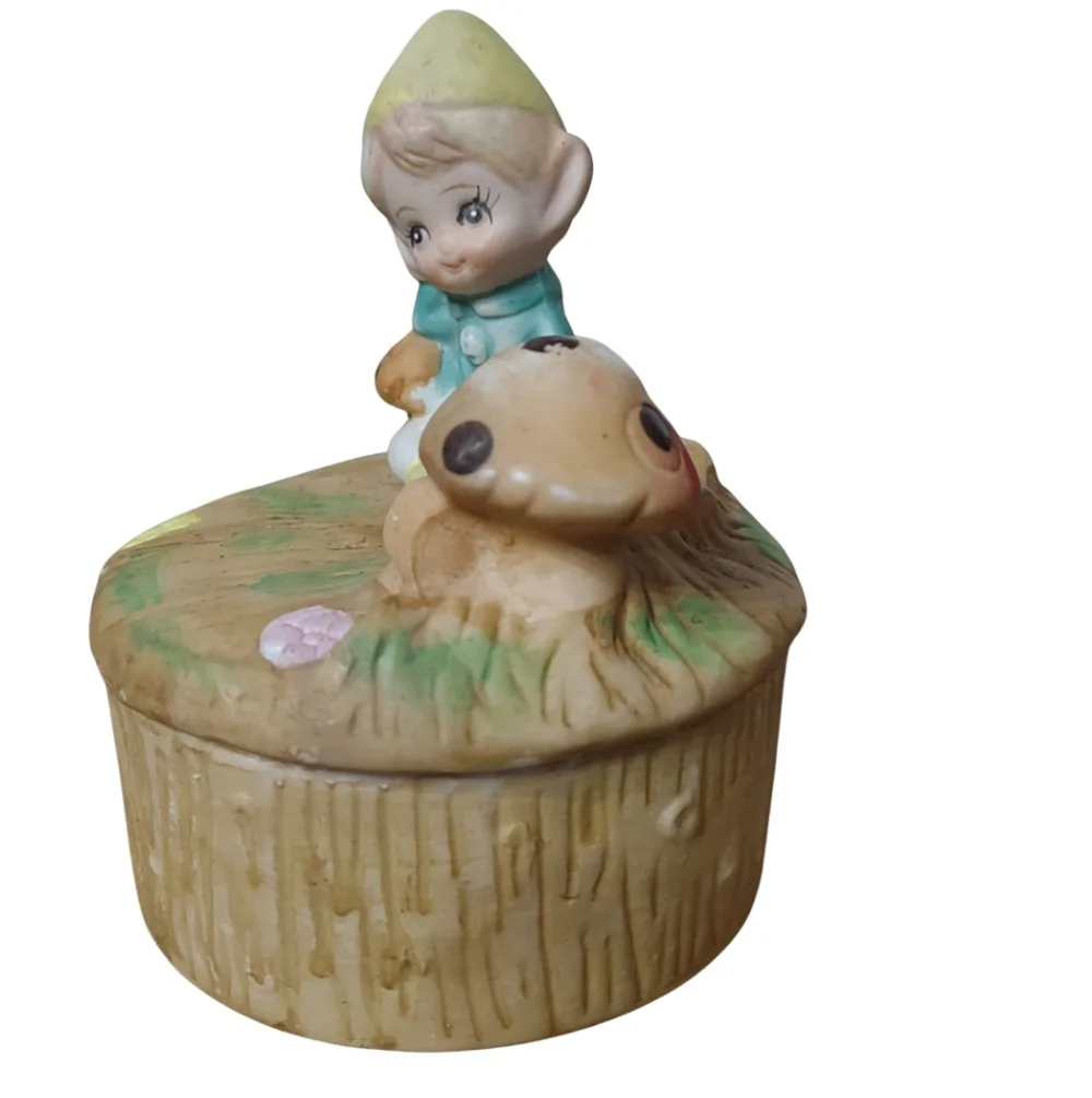 Vintage 70s HOMCO Elf Pixie Gnome Mushroom Ceramic Trinket Box #5404